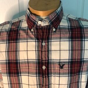 American Eagle Outfitters Red and Blue Casual Plaid Shirt